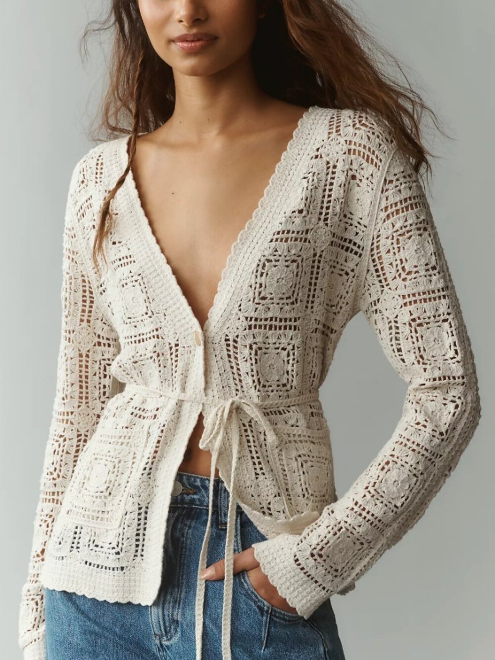 New NVLT Anthropologie V-Neck Crochet Knit Top Cotton Cardigan Cream / Ivory - M
